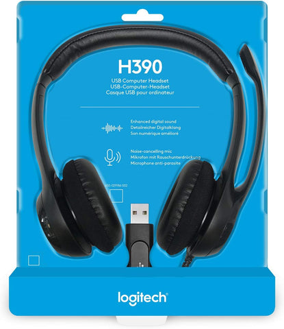 Headset com fio USB Logitech H390 com Almofadas em Couro, Controles de Audio Integrado e Microfone com Redução de Ruído